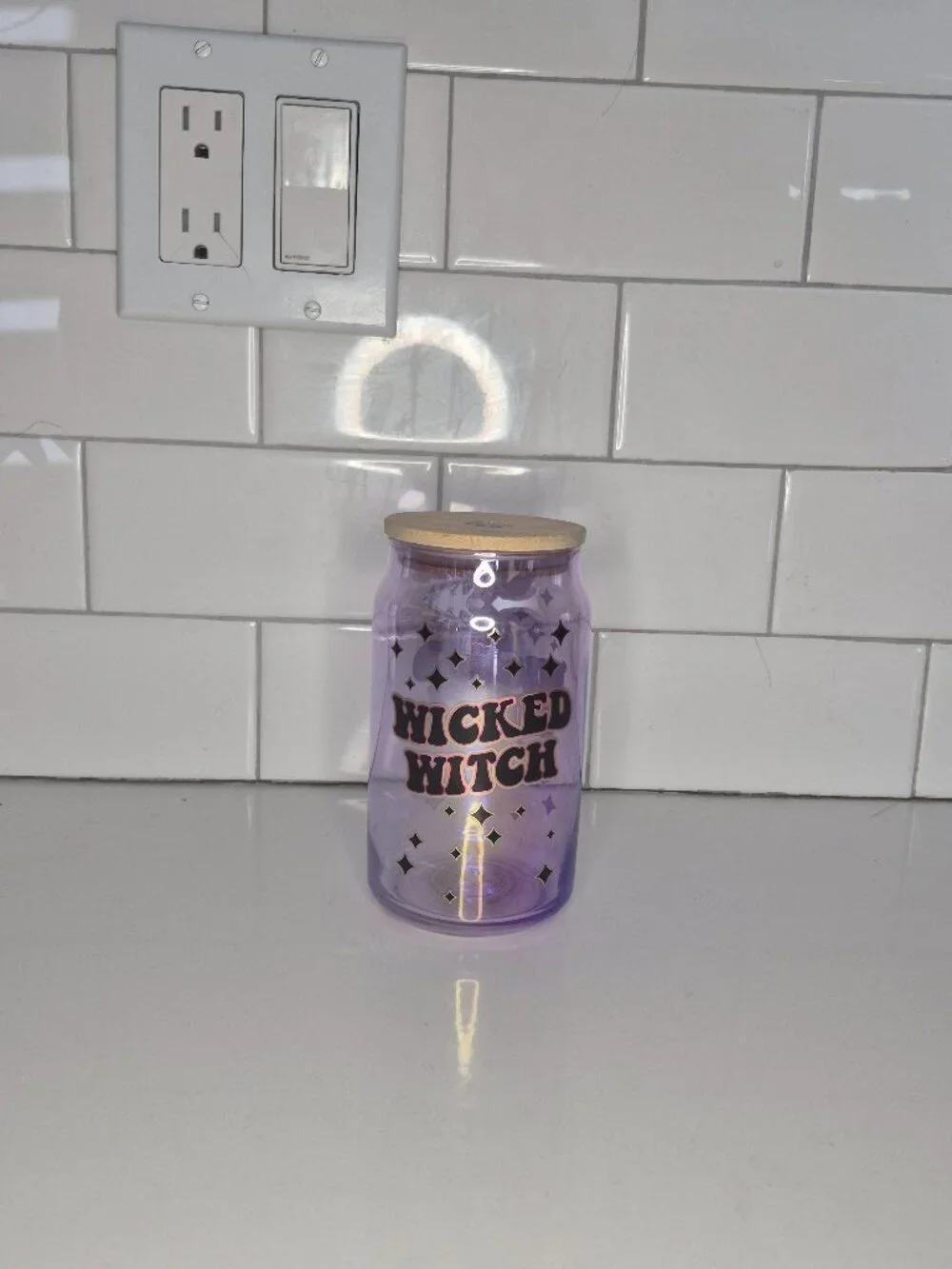Halloween Wicked Witch Glass Can Cup 16oz Reusable Tumbler W/Bamboo Lid No Straw